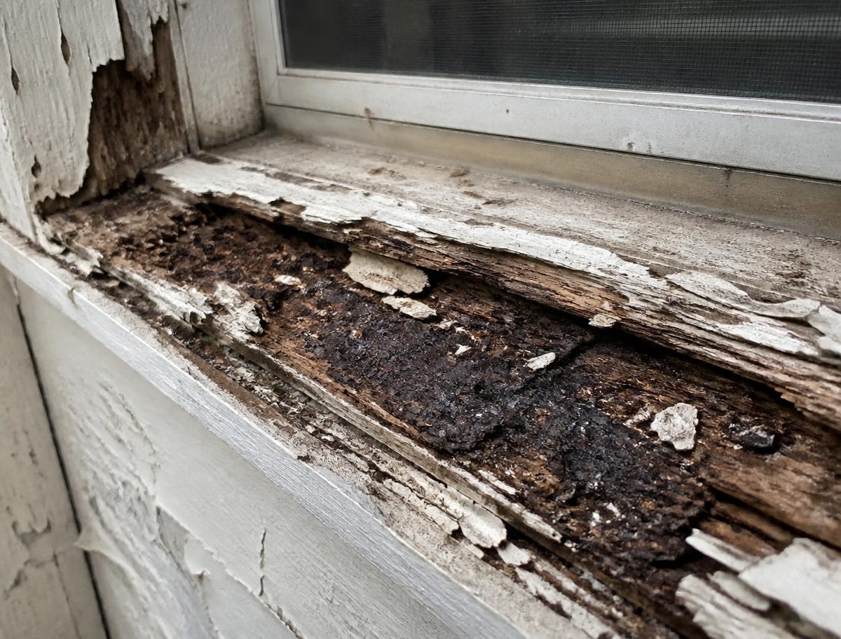 Severely rotted timber window sill with flaking paint